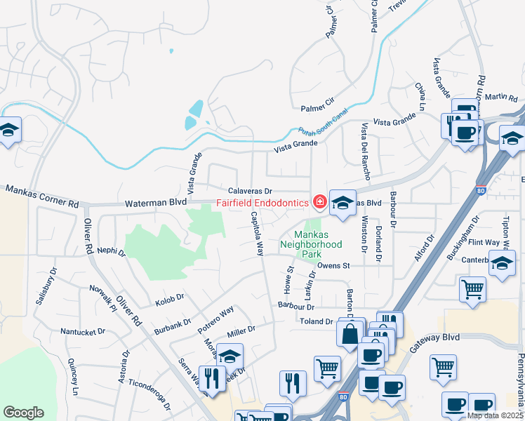 map of restaurants, bars, coffee shops, grocery stores, and more near 162 Richland Way in Fairfield