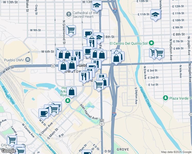 map of restaurants, bars, coffee shops, grocery stores, and more near 222 North Main Street in Pueblo