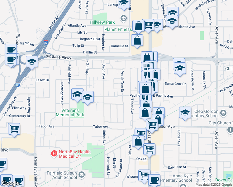 map of restaurants, bars, coffee shops, grocery stores, and more near 516 Pacific Avenue in Fairfield