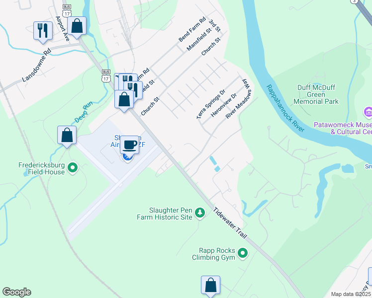 map of restaurants, bars, coffee shops, grocery stores, and more near 3110 Surber Court in Fredericksburg