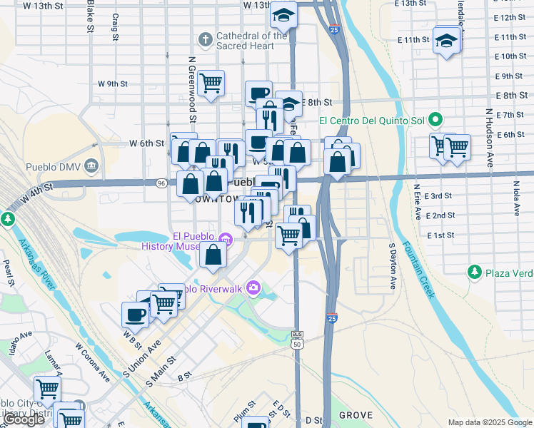 map of restaurants, bars, coffee shops, grocery stores, and more near 207 North Main Street in Pueblo