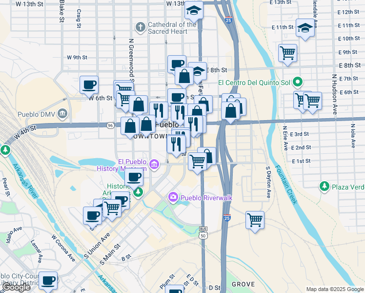 map of restaurants, bars, coffee shops, grocery stores, and more near 207 North Main Street in Pueblo
