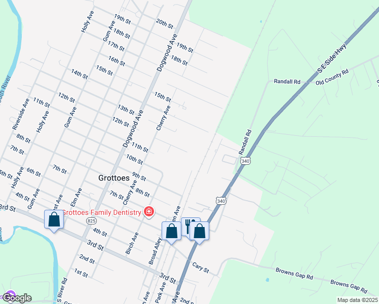 map of restaurants, bars, coffee shops, grocery stores, and more near 103 13th Street in Grottoes