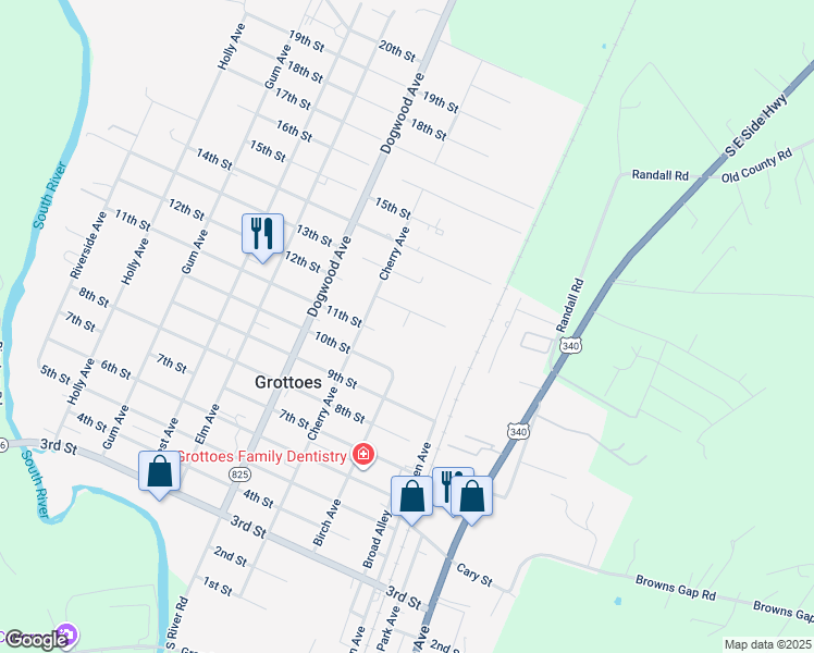map of restaurants, bars, coffee shops, grocery stores, and more near 104 12th Street in Grottoes