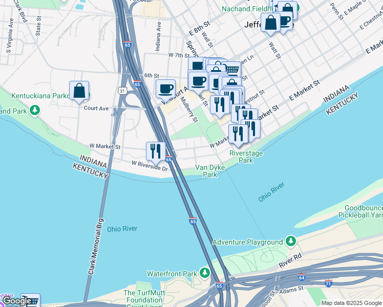 map of restaurants, bars, coffee shops, grocery stores, and more near 320 West Market Street in Jeffersonville