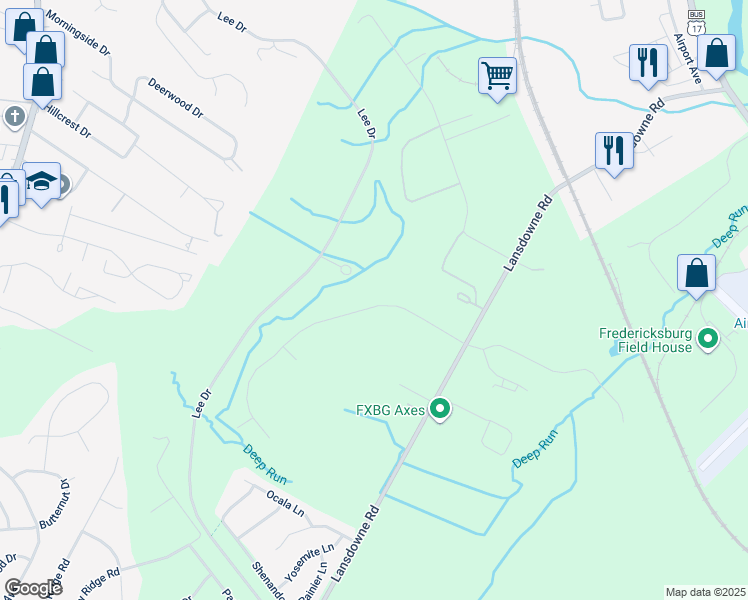map of restaurants, bars, coffee shops, grocery stores, and more near 3803 Chapman Drive in Fredericksburg