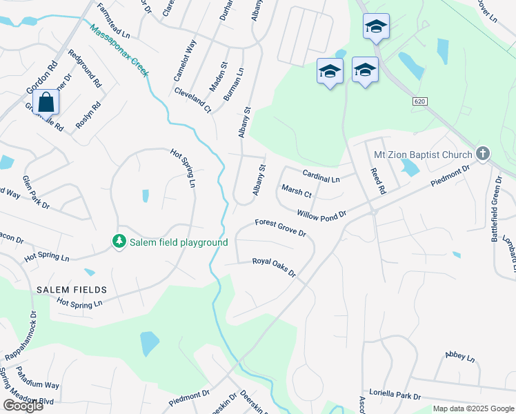 map of restaurants, bars, coffee shops, grocery stores, and more near 429 Albany Street in Fredericksburg