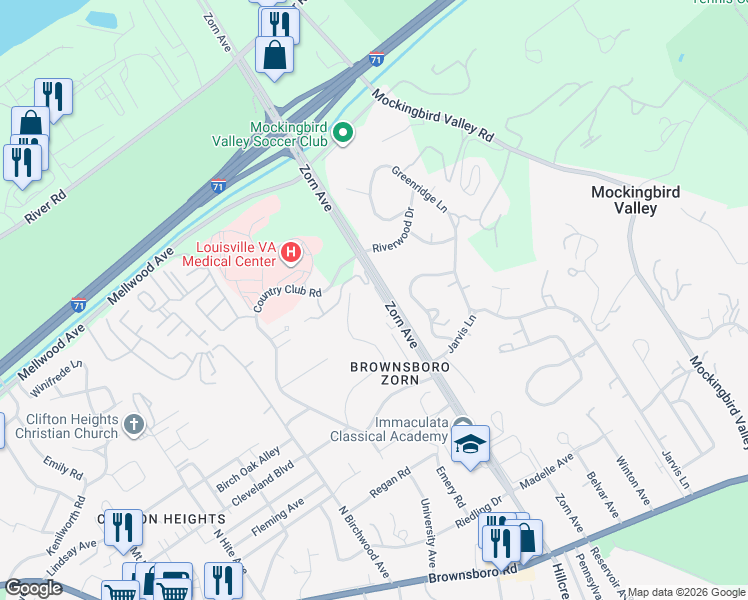 map of restaurants, bars, coffee shops, grocery stores, and more near 750 Zorn Avenue in Louisville
