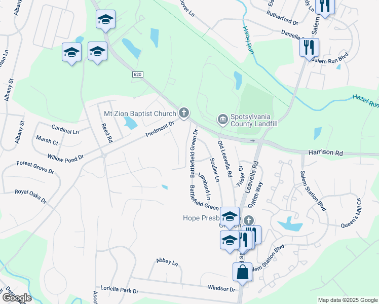 map of restaurants, bars, coffee shops, grocery stores, and more near 7012 Battlefield Green Drive in Fredericksburg