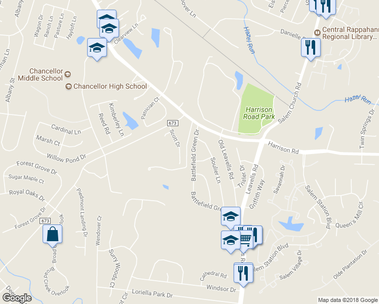 map of restaurants, bars, coffee shops, grocery stores, and more near 7012 Battlefield Green Drive in Fredericksburg