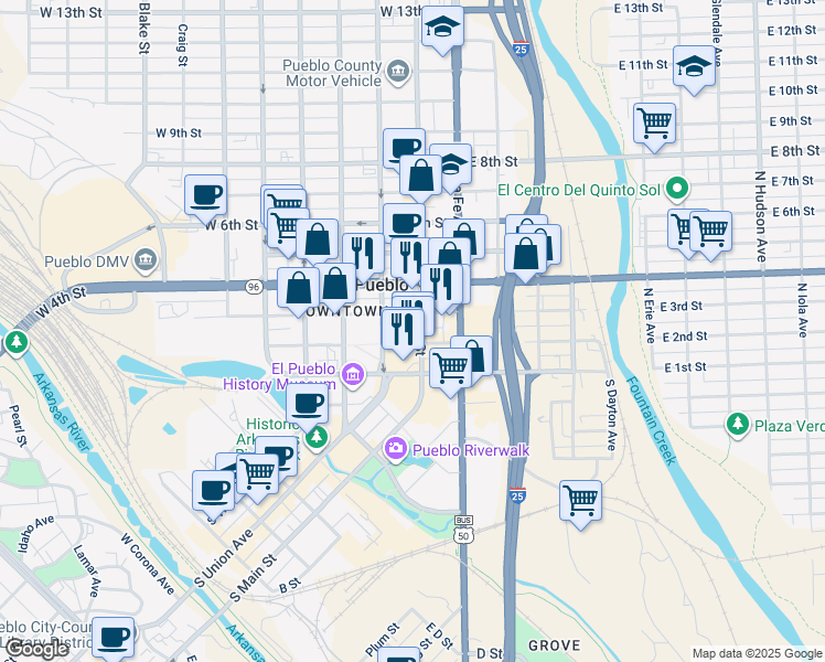 map of restaurants, bars, coffee shops, grocery stores, and more near 222 North Main Street in Pueblo