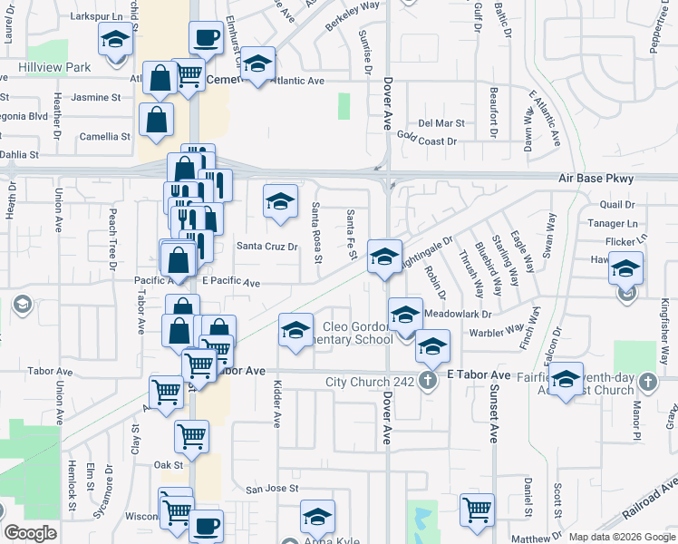 map of restaurants, bars, coffee shops, grocery stores, and more near 2212 Santa Rosa Street in Fairfield