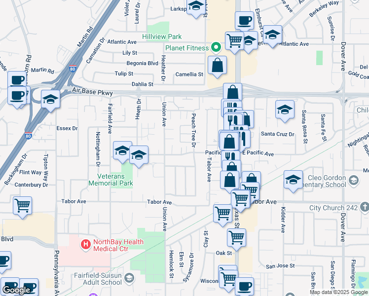 map of restaurants, bars, coffee shops, grocery stores, and more near 2203 Peach Tree Drive in Fairfield
