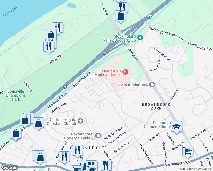 map of restaurants, bars, coffee shops, grocery stores, and more near 821 River Dell Drive in Louisville