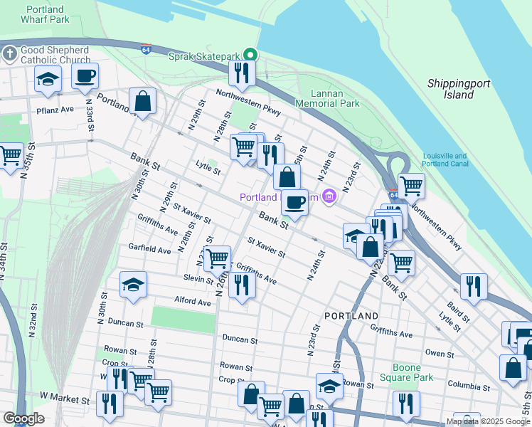 map of restaurants, bars, coffee shops, grocery stores, and more near 2500 Portland Avenue in Louisville