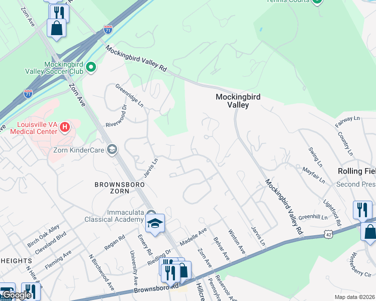 map of restaurants, bars, coffee shops, grocery stores, and more near 509 Jarvis Lane in Louisville