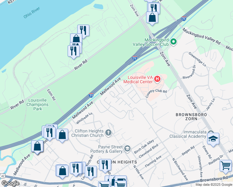 map of restaurants, bars, coffee shops, grocery stores, and more near in Louisville