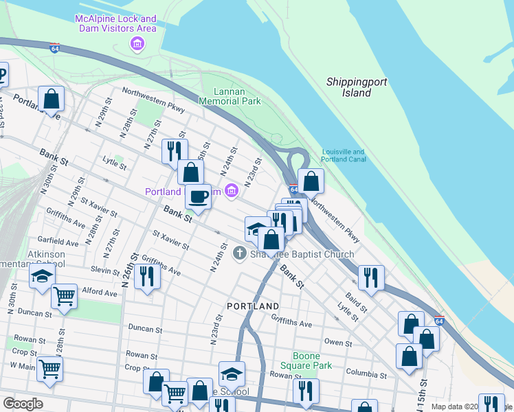map of restaurants, bars, coffee shops, grocery stores, and more near 2215 Portland Avenue in Louisville