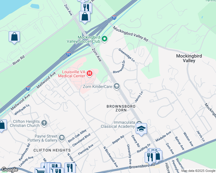 map of restaurants, bars, coffee shops, grocery stores, and more near 3214 University Road in Louisville