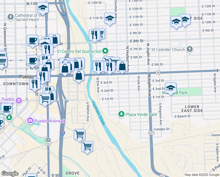 map of restaurants, bars, coffee shops, grocery stores, and more near 703 East 2nd Street in Pueblo