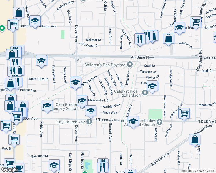 map of restaurants, bars, coffee shops, grocery stores, and more near 2055 Bluebird Way in Fairfield