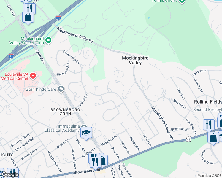 map of restaurants, bars, coffee shops, grocery stores, and more near 509 Jarvis Lane in Louisville