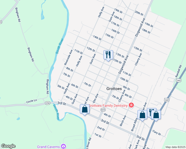 map of restaurants, bars, coffee shops, grocery stores, and more near 603 9th Street in Grottoes