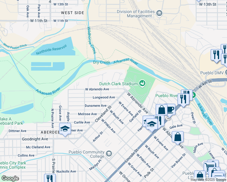 map of restaurants, bars, coffee shops, grocery stores, and more near 1126 West Abriendo Avenue in Pueblo
