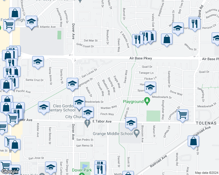 map of restaurants, bars, coffee shops, grocery stores, and more near 2036 Bluebird Way in Fairfield