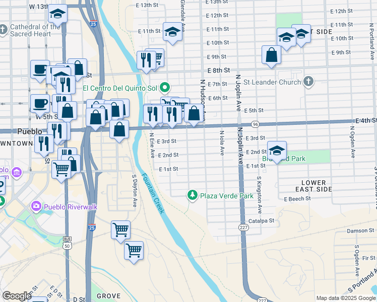 map of restaurants, bars, coffee shops, grocery stores, and more near 208 North Glendale Avenue in Pueblo