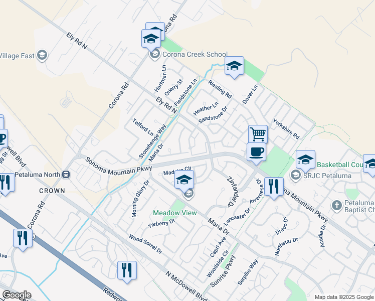 map of restaurants, bars, coffee shops, grocery stores, and more near 1758 Stone Creek Drive in Petaluma