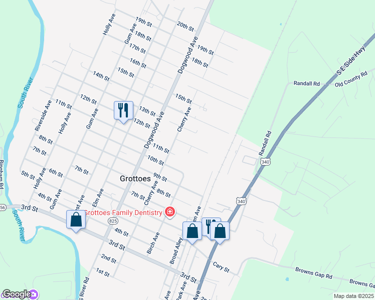 map of restaurants, bars, coffee shops, grocery stores, and more near 1102 Cherry Avenue in Grottoes