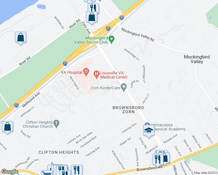 map of restaurants, bars, coffee shops, grocery stores, and more near 3214 University Road in Louisville