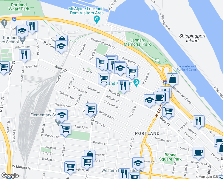 map of restaurants, bars, coffee shops, grocery stores, and more near 2500 Portland Avenue in Louisville
