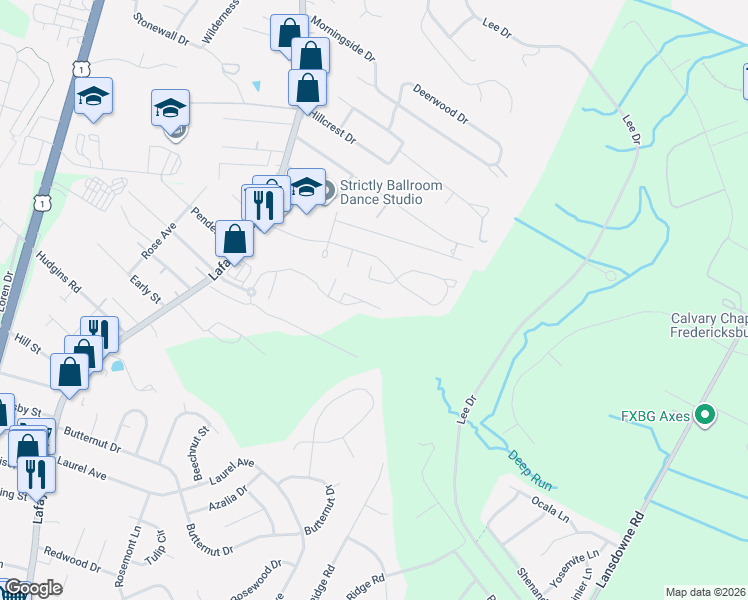 map of restaurants, bars, coffee shops, grocery stores, and more near 4515 Alliance Way in Fredericksburg