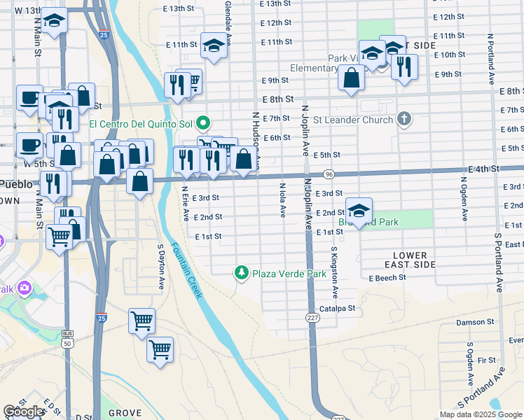 map of restaurants, bars, coffee shops, grocery stores, and more near 901 East 2nd Street in Pueblo