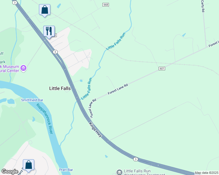 map of restaurants, bars, coffee shops, grocery stores, and more near 65 Forest Lane Road in Fredericksburg