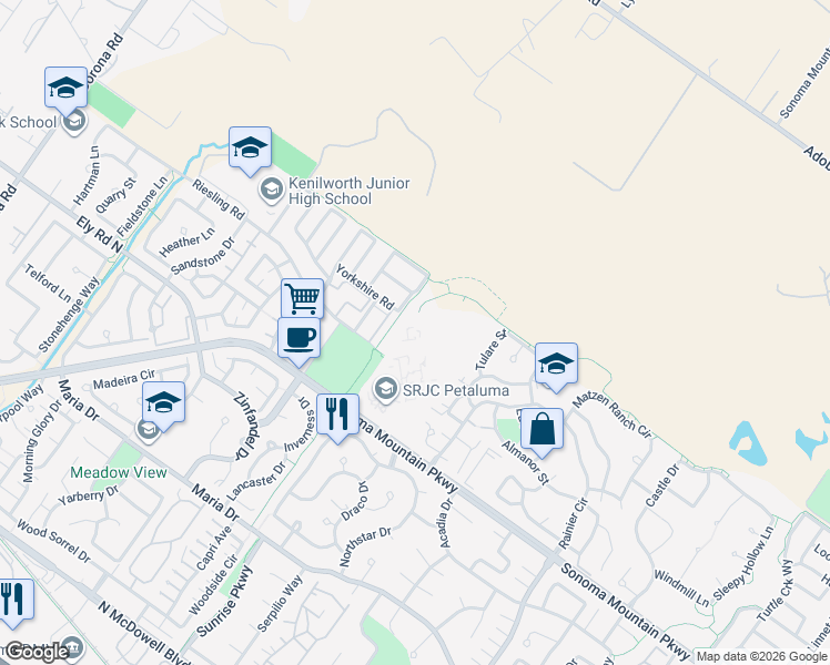 map of restaurants, bars, coffee shops, grocery stores, and more near Campus Circle in Petaluma