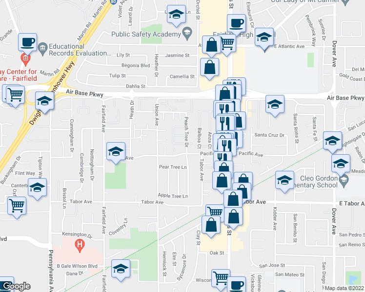 map of restaurants, bars, coffee shops, grocery stores, and more near 2203 Peach Tree Drive in Fairfield