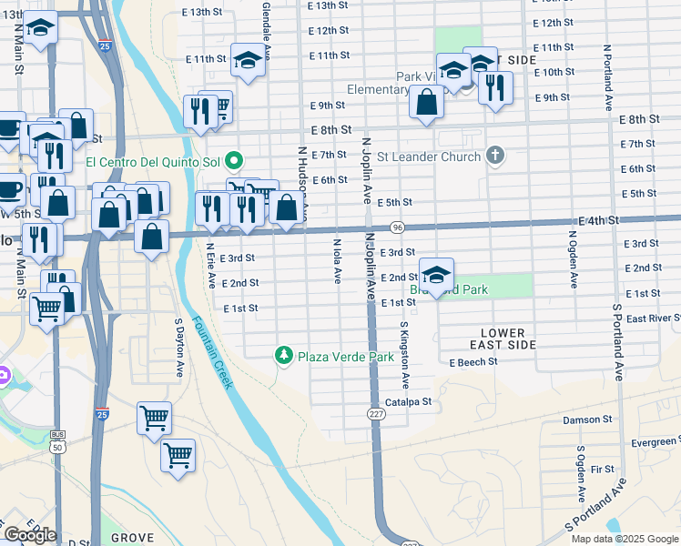 map of restaurants, bars, coffee shops, grocery stores, and more near 202 North Iola Avenue in Pueblo
