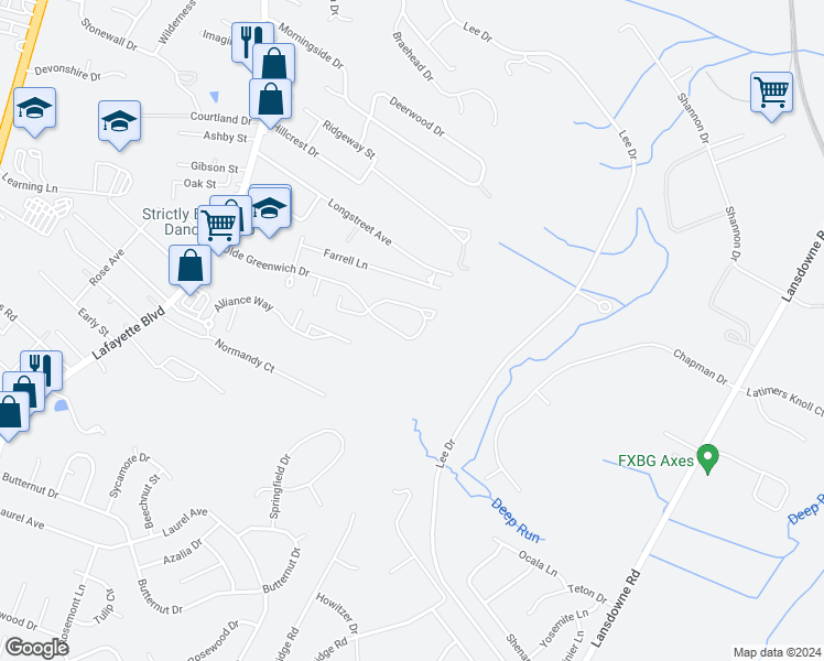 map of restaurants, bars, coffee shops, grocery stores, and more near 523 Olde Greenwich Circle in Fredericksburg
