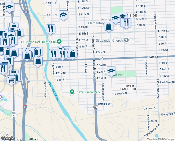 map of restaurants, bars, coffee shops, grocery stores, and more near 202 North Iola Avenue in Pueblo