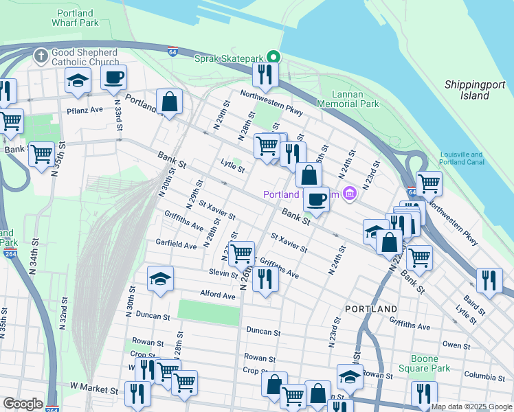 map of restaurants, bars, coffee shops, grocery stores, and more near 2630 Bank Street in Louisville