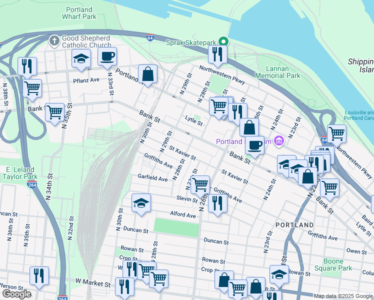 map of restaurants, bars, coffee shops, grocery stores, and more near 461 North 28th Street in Louisville