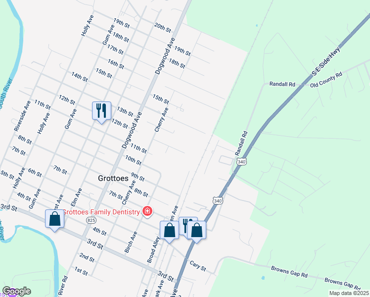 map of restaurants, bars, coffee shops, grocery stores, and more near 104 12th Street in Grottoes