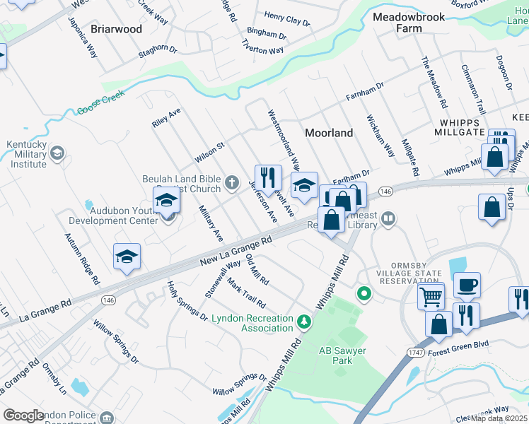 map of restaurants, bars, coffee shops, grocery stores, and more near 1614 Jefferson Avenue in Louisville