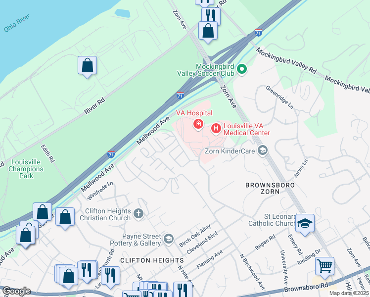 map of restaurants, bars, coffee shops, grocery stores, and more near 821 River Dell Drive in Louisville