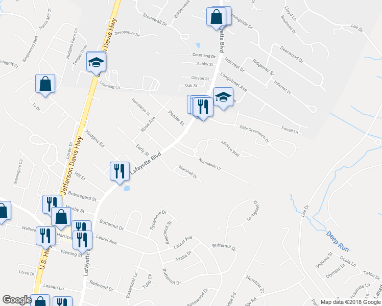 map of restaurants, bars, coffee shops, grocery stores, and more near 4347 Normandy Court in Fredericksburg