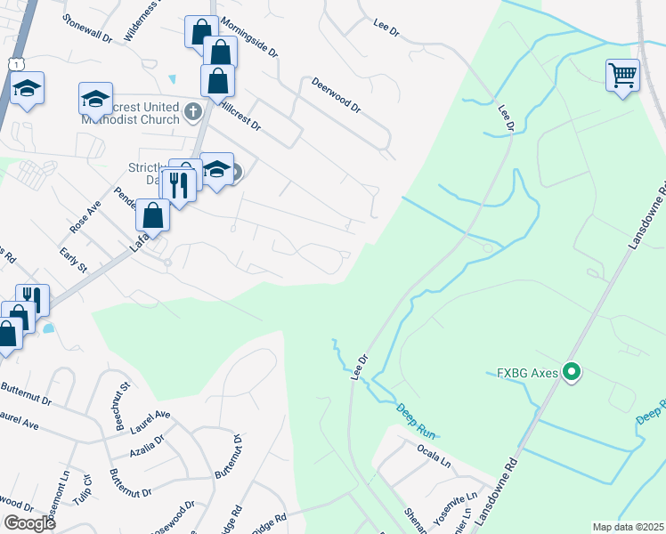 map of restaurants, bars, coffee shops, grocery stores, and more near 525 Olde Greenwich Circle in Fredericksburg