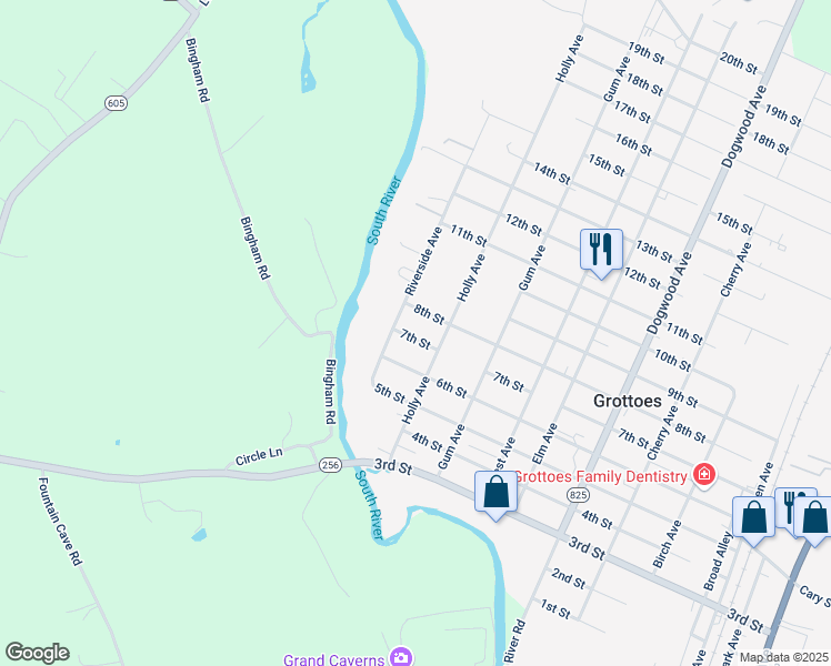 map of restaurants, bars, coffee shops, grocery stores, and more near 806 7th Street in Grottoes